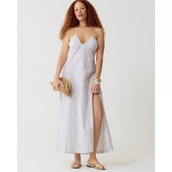 J.Crew Plus 2X Crossback Striped Maxi Dress Linen Cotton Summer Resort Side Slit - Picture 1 of 12